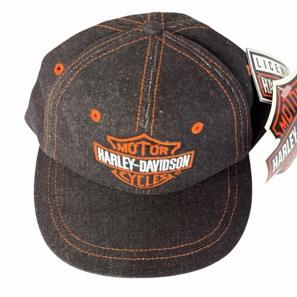 Harley Davidson Bar & Shield Snapback Vtg Denim Jean Hat Cap Black Orange Youth